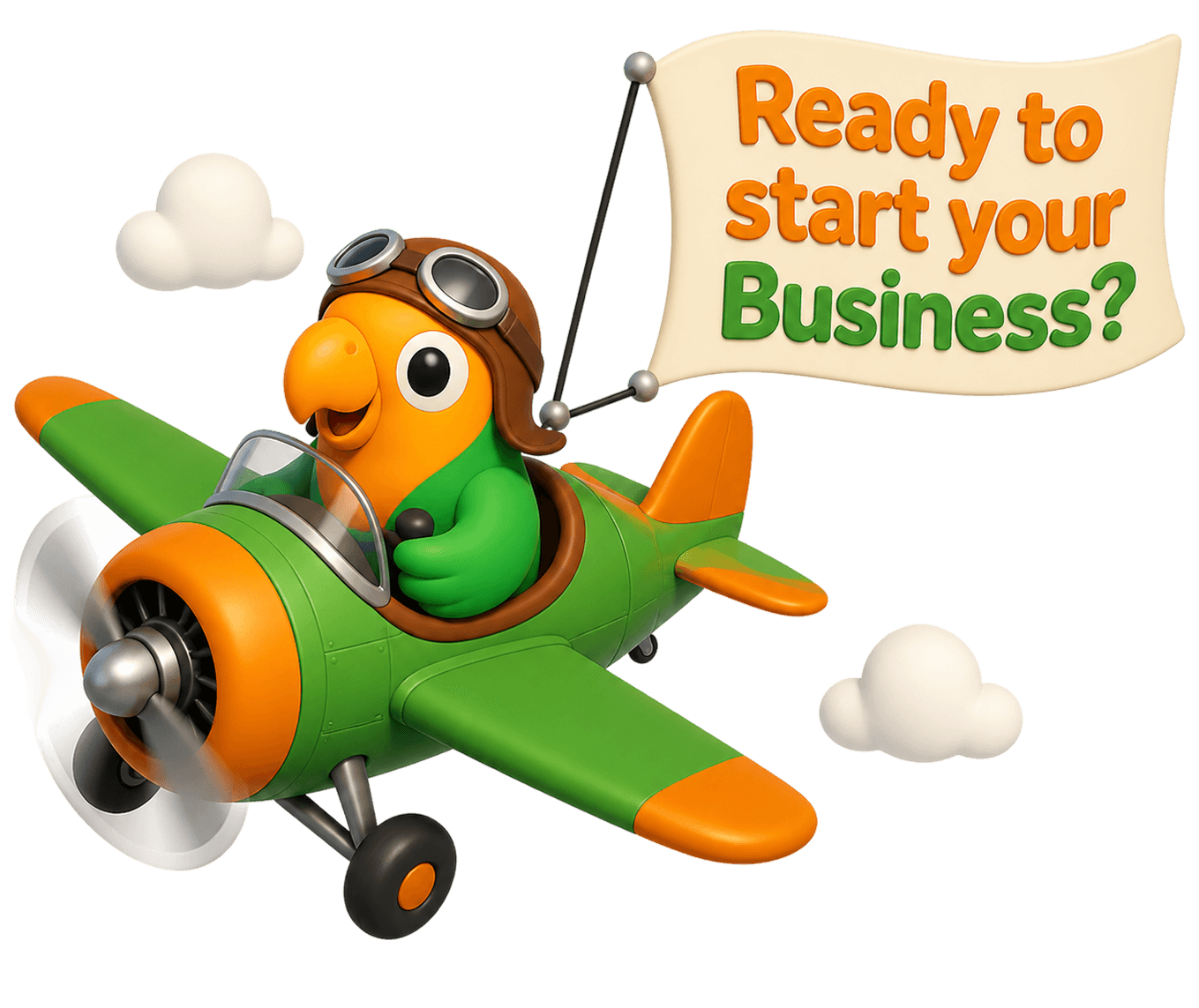 IslandHub mascot flying a plane with a promotional banner